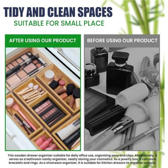 Bamboo drawer organizer set of 5 wooden storage trays kitchen desk vanity makeup - Picture 4 of 8